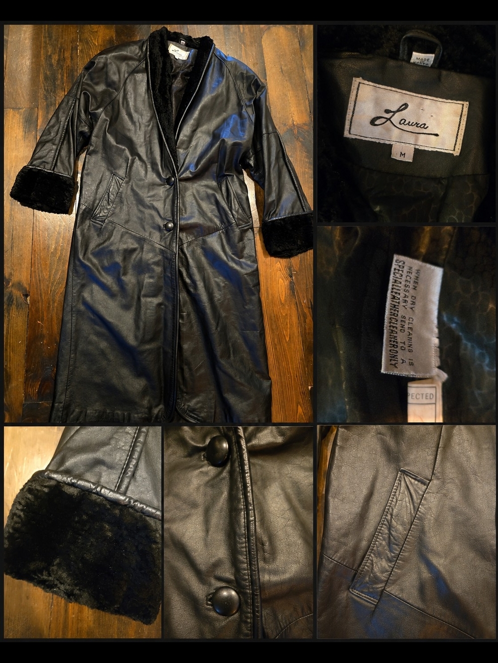 Vintage Laura Black Leather Maxi Penny Lane Long Winter Coat Women Medium 90s